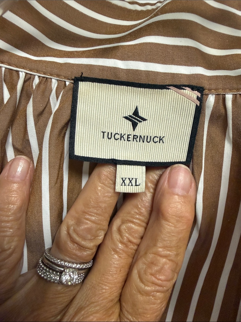 Tuckernuck Brown and White Stripe flowy stand up collar V-Neck Blouse XXL - Picture 7 of 11